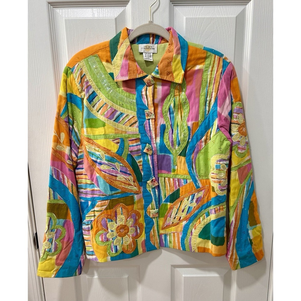 Sandy Starkman Vtg 90s Jacket L Multicolor Art To Wear Long Sleeve Collared Boho